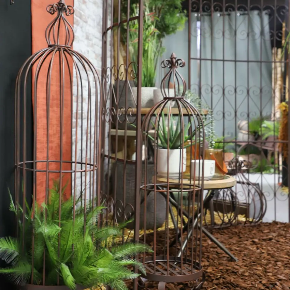 CHEMIN DE CAMPAGNE - Set3 grandes cages à oiseaux décoratives sur pieds fer marron 165cm