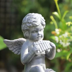 CHEMIN DE CAMPAGNE - Statuette statue sculpture jardin ange flûte béton gris 24.5cm