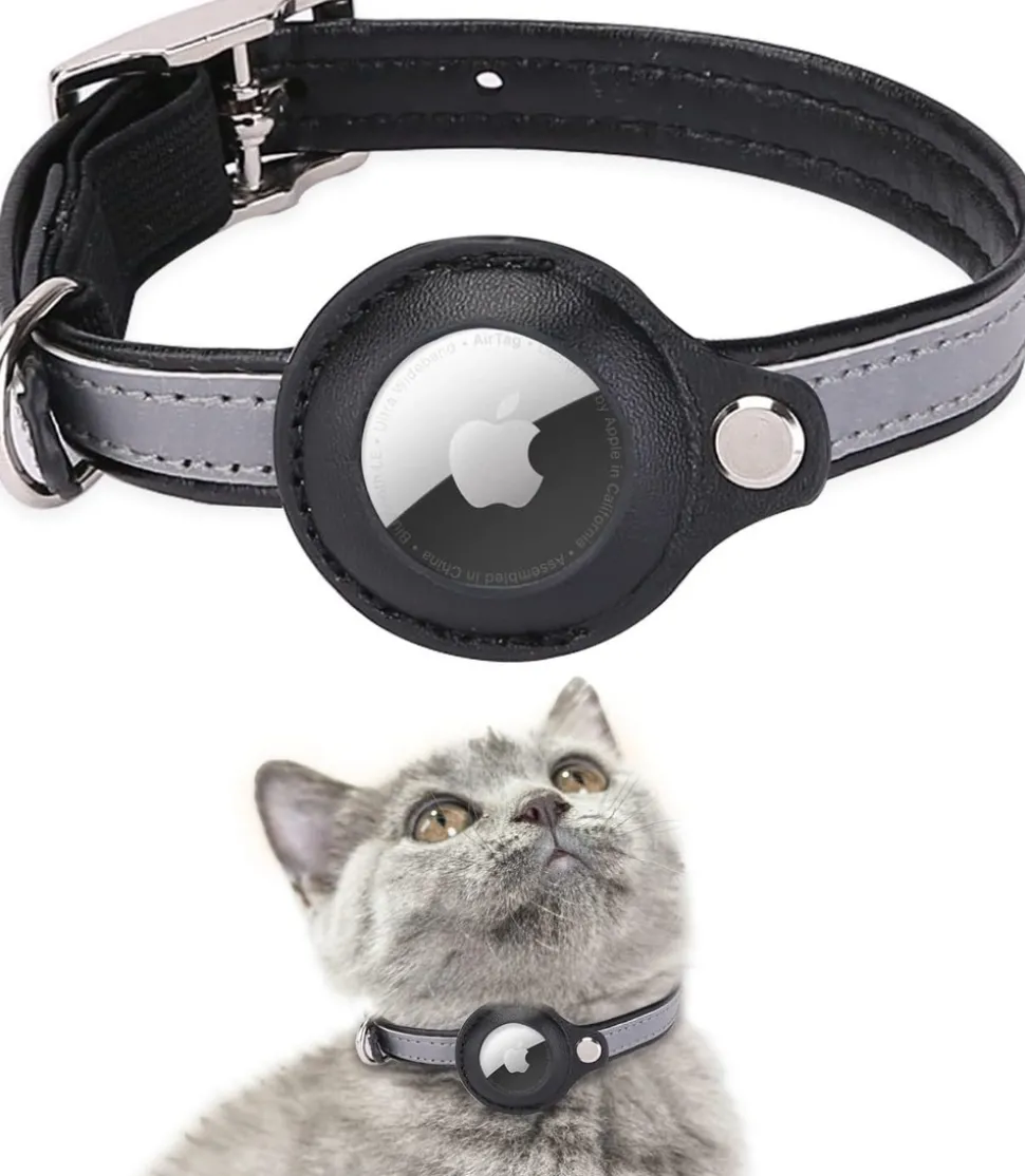 DOWNYPAWS - Collier traqueur gps pour chats et chiens - en cuir synthétique noir xs