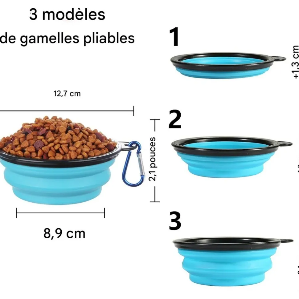 DOWNYPAWS - Gamelles pliables pour chiens et chats-bleu clair + vert clair - bol 350ml + boucle + couvercle
