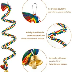 DOWNYPAWS - Jouets pour oiseaux-jouet à corde pour oiseaux 100cm-forme réglable avec cloche