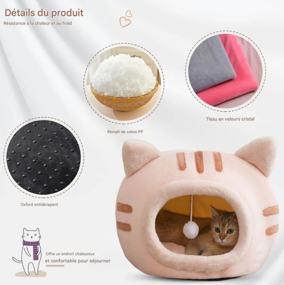 DOWNYPAWS - Lit pour chat-panier pour chat -forme de tête de chat-gris 40*40*32cm