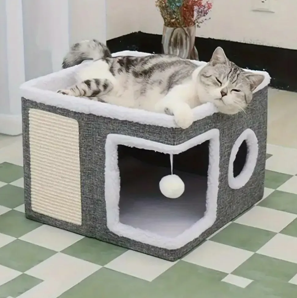 DOWNYPAWS - Maison Pour Chat De Luxe, Plusieurs Niveaux, Lits 2 Niveaux, Tunnel, Corde Et Tapis