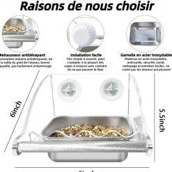 DOWNYPAWS - Mangeoire pour oiseaux - transparent cage mangeur perchoir antidérapant bol acier inoxydable remplissage facile