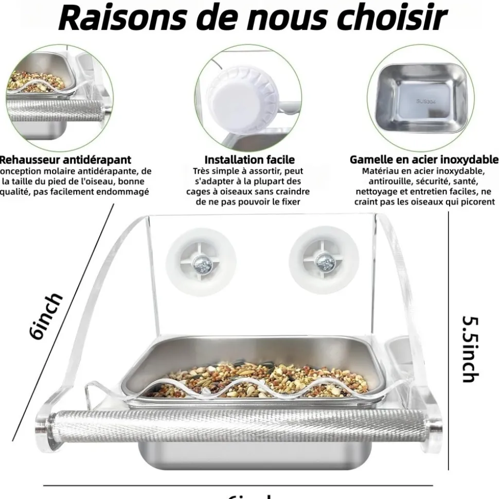 DOWNYPAWS - Mangeoire pour oiseaux - transparent cage mangeur perchoir antidérapant bol acier inoxydable remplissage facile