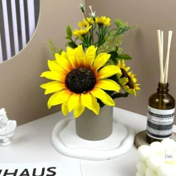DTOPBUYAGE - Fleurs artificielles de tournesol de haute qualité avec pot gris - dtopbuyage