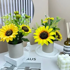DTOPBUYAGE - Fleurs artificielles de tournesol de haute qualité avec pot gris - dtopbuyage