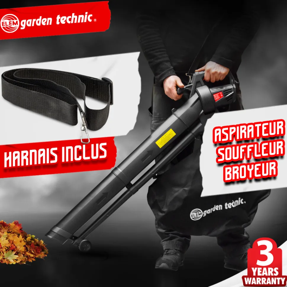 ELEM GARDEN TECHNIC - Aspirateur souffleur broyeur de feuilles 3000w - 270 km/h - 10:1 - sac 35l - ele