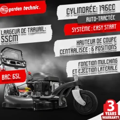 ELEM GARDEN TECHNIC - Tondeuse thermique tractée 3 roues 196cc - 55cm - 65l - elem garden