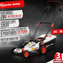ELEM GARDEN TECHNIC - Tondeuse rechargeable 20v-4ah - 33 cm - batterie et chargeur fournis