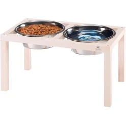 Ferplast support de gamelle pour chien desco wood, avec 2 gamelle en acier inoxydables - élégante gamelle en bois surélevée et