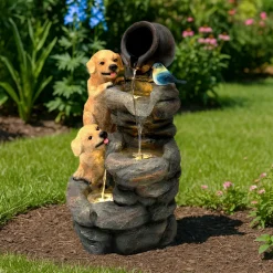 Fontaine de jardin canine creek avec éclairage led blanc chaud & brosse à nettoyage