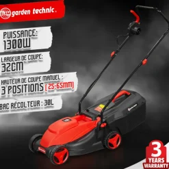 GEFROY - Kit 2 en 1 tondeuse 1300w coupe 32 cm + coupe bordures 250w elem technic - tde3213cbe22 - capacité du bac récolteur: 30 l