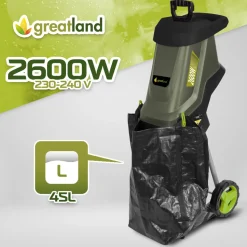 GREATLAND - Broyeur de végétaux électrique 2600w avec sac récupérateur de 45l