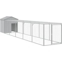 HELLOSHOP26 - Poulailler enclos cage poules avec cour clair 117 x 609 x 123 cm acier galvanisé gris