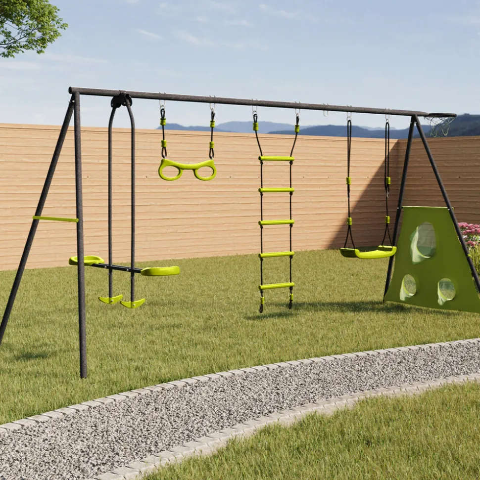 IDMARKET - Balançoire 4 agrès portique avec balançoire face à face trapèze échelle panier de basket et buts de foot