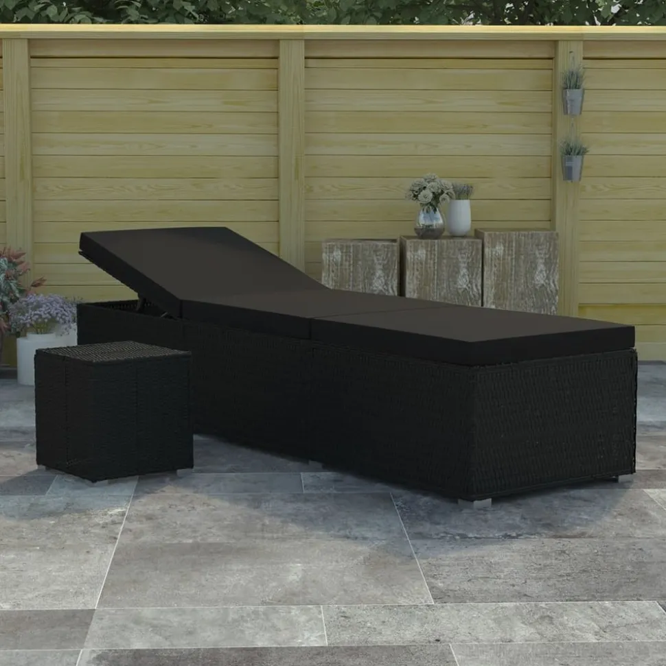 MAISON EXCLUSIVE - Chaise longue avec coussin et table à thé résine tressée noir