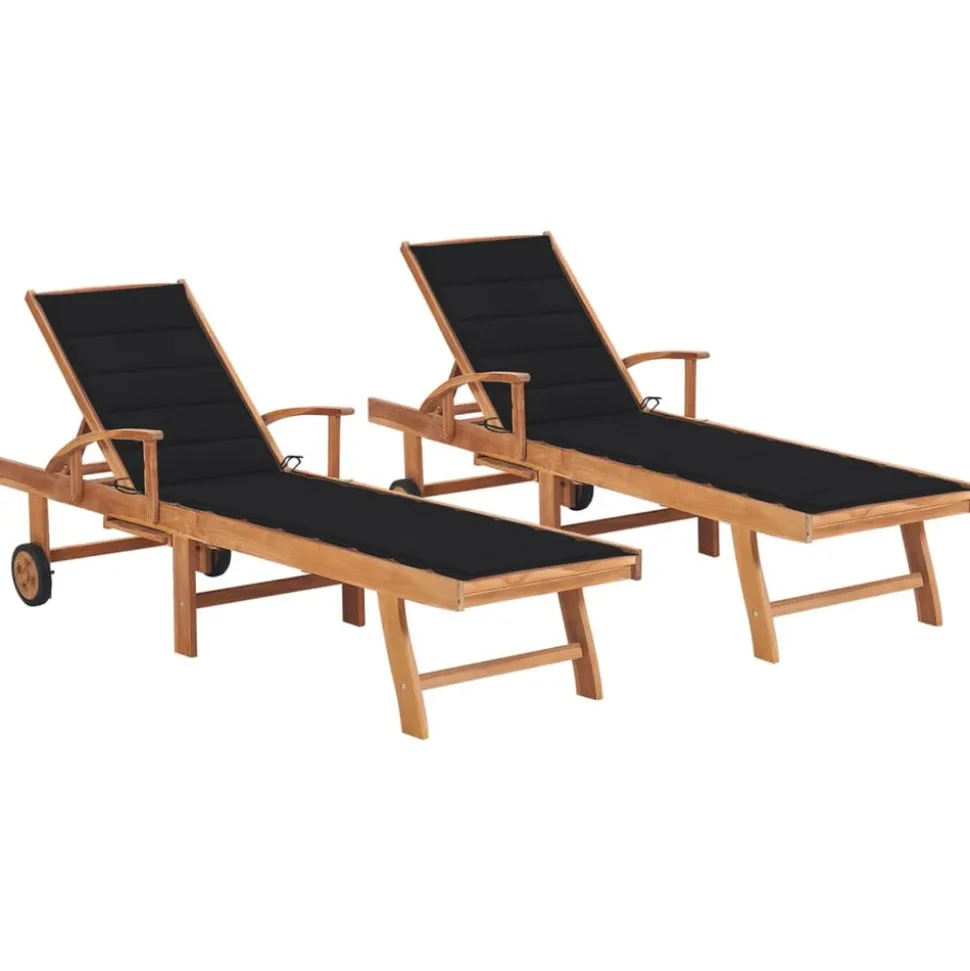 MAISON EXCLUSIVE - Chaises longues lot de 2 avec coussin noir bois de teck solide